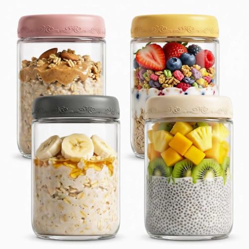 18oz 4Pack Glass Overnight Oats Jars Containers with Airtight Leakproof Lids, Reusable Mason Jars for Meal Prep, Yogurt Parfaits, Smoothies, Salads & Healthy Breakfasts (18 OZ-4-2) - color: 18oz-4-2