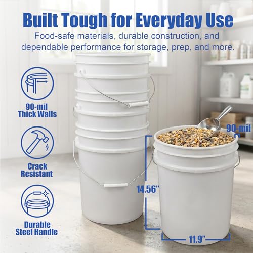 ePackageSupply 5 Gallon Bucket - Food Grade Bucket, Metal Handle Grip, BPA-Free, Heavy-Duty 90 Mil HDPE Plastic Pail, Stackable Utility Container, Made in USA, Lid Not Included, White, 6 Packs - color: White, size: 6 Packs