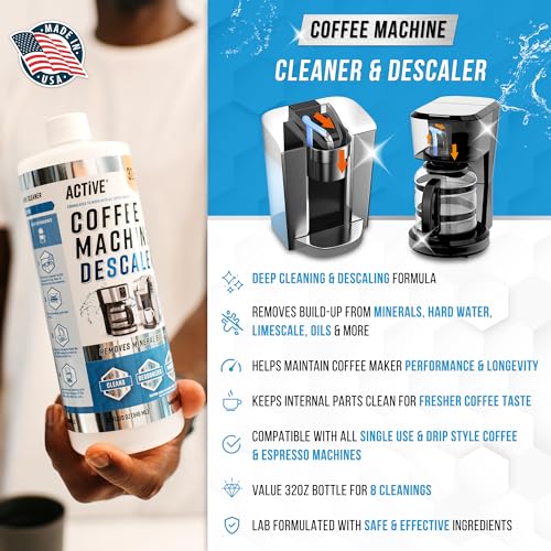 ACTIVE Coffee Machine Descaler Descaling Solution - 32oz (8 Uses) Compatible with Keurig,Nespresso,Breville,Delonghi, Jura, Ninja - Espresso Coffee Maker Cleaner,Coffee Pot Cleaning Limescale Remover - style: 32oz Liquid
