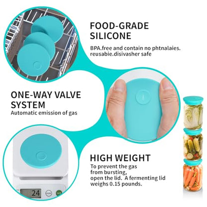 Silicone Fermenting Lids Waterless Airlock Fermentation Tops Wide Mouth Mason Jar Lid Fermenter Caps for Pickles, Kimchi, and Fermented Probiotic Food 3 Pack Mint (Jars Not Included) - color: Mint