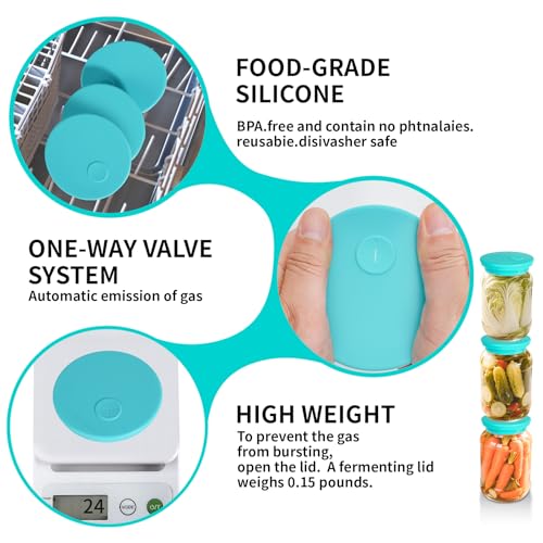 Silicone Fermenting Lids Waterless Airlock Fermentation Tops Wide Mouth Mason Jar Lid Fermenter Caps for Pickles, Kimchi, and Fermented Probiotic Food 3 Pack Mint (Jars Not Included) - color: Mint