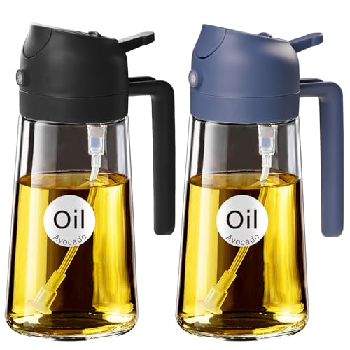 YARRAMATE 2Pcs 16oz/470ml Glass Olive Oil Sprayer for Cooking with Stickers, 2 in 1 Oil Dispenser for Kitchen Gadgets, Food Grade Premium Spray Bottle with Portion Control for Salad, BBQ (Black&Navy) - color: 21_2Pcs Black&Navy