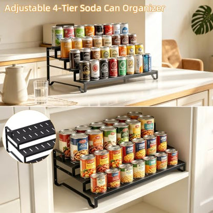 Attelite 4 Tier Expandable Can Rack Organizer for Pantry, Adjustable 13"-21" Metal Soda Can Organizer, Pantry Organization Canned Food Storage Holder for Kitchen Cabinet Countertop, Black 1Pack - size: 4tier*1pack