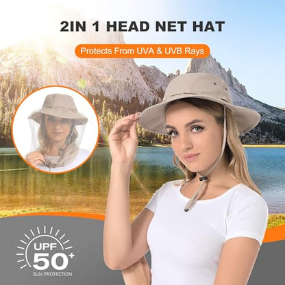 Mosquito Head Net Hat UPF 50+ Sun Protection Bug Hat for Men Women | Sun Visor Style, Perfect for Safari, Hiking, Beekeeping, Camping & Gardening - color: Beige