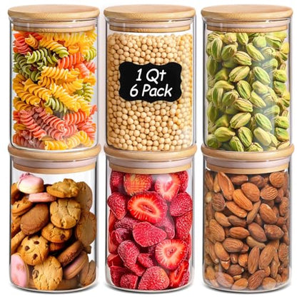 ComSaf Glass Storage Containers wtih Lids 1 Qt, Set of 6 Food Storage Jars | Round Glass Jars With Bamboo Lids, Kitchen Canisters 32oz, Pantry Organizers, Tea, Spice, Coffee, Dry Food Storage, BPA Free