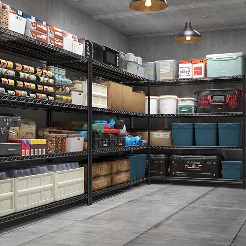 REIBII 2480LBS Capacity Heavy Duty Storage Shelves with Wheels, 1-Inch (25.4mm) Steel Tube, Adjustable Wire Shelving for Garage, Warehouse, Pantry & Commercial Use, 75.6" H x 55.5" W x 24" D - color: Black