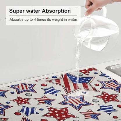 American Flag Stars Microfiber Dish Drying Mat 18x24 Inch - Absorbent Non-Slip & Quick Dry Kitchen Counter Dish Drainer Pad, Rustic Farmhouse Style - color: American Flag Stars2