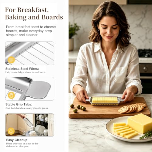 Butter Cutter and Cheese Slicer, Dishwasher-Safe Stainless Steel | Wire slicer for butter sticks, soft cheese, eggs, tofu, fruit, and lunch meat; ergonomic grip, easy cleanup