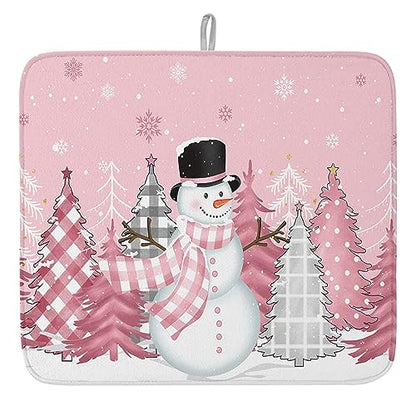 Pink Snowman Christmas Dish Drying Mat for Kitchen Counter, Microfiber Rack Pads, Winter Snowflake Pink Grey Xmas Tree Absorbent Dish Bottle Drying Mat, 16''x18'', 1 Pack - size: 1PCS-16x18in