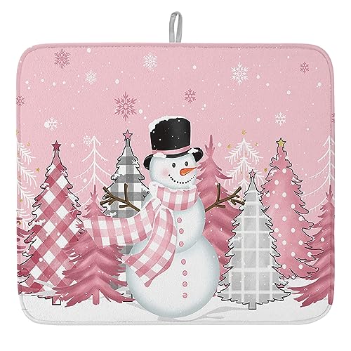 Pink Snowman Christmas Dish Drying Mat for Kitchen Counter, Microfiber Rack Pads, Winter Snowflake Pink Grey Xmas Tree Absorbent Dish Bottle Drying Mat, 18''x24'', 1 Pack - size: 1PCS-18x24in
