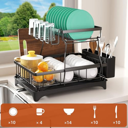 Godboat 2-Tier Dish Drying Rack - Dish Rack with Auto Drain-to-Sink & Mat | Dish Racks for Kitchen Counter, Dish Drainer with Knife Fork & Cup Rack, Gifts for Women, Mothers Day, Kitchen Gadgets, Black - size: X-Large/(2-Tier)