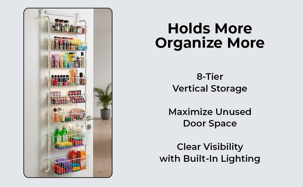 Over Door Organizer Storage - 6 Tier Black Metal Over the Door Pantry Organizer Heavy Duty Hanging Storage Rack, Behind Cabinet Shelves for Home, Kitchen, Bathroom, Closet, Pantry