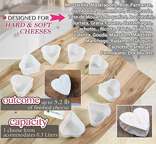 PetriStor 8 pcs Small Cheese Mold Heart 1/3QT - Feta Soft Cheese Mold for Cheese Making - Homemade Cheese Making Supplies - Cream Cheese Form Mold - Molde Para Queso Fresco Casero