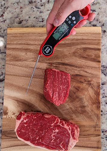 Digital Meat Thermometer for Grill/Cooking Fast Instant Read Waterproof Magnetic Probe Thermometer w/Backlight and Display for Kitchen, BBQ, Frying, etc. Chicken, Steak,or Burgers, Red