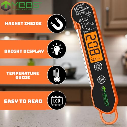 Instant Read Meat Thermometer for Cooking | Waterproof IP67 & Ultra Fast | Digital Food Thermometer for Grill, Kitchen, BBQ Smoker,(∘C/∘F Switchable) - color: Orange