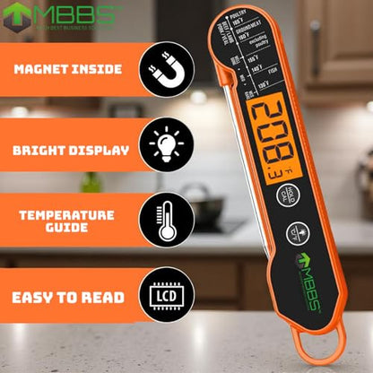 Instant Read Meat Thermometer for Cooking | Waterproof IP67 & Ultra Fast | Digital Food Thermometer for Grill, Kitchen, BBQ Smoker,(∘C/∘F Switchable) - color: Orange