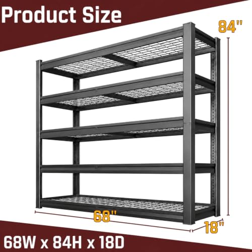 Garage Shelving Unit 68 W x 18 D x 84 H, 5 Tier Metal Storage Shelves, Upgraded Steel Structure, Rack for Basement, Shop, Warehouse, Pantry - size: 68W x 18D x 84H
