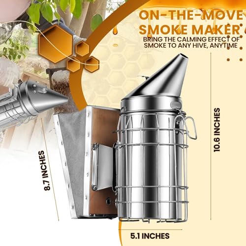 Flexzion Beehive Smoker - Bee Smoker Stainless Steel for Beekeeping, Durable Bellow & Heat Shield, Safe Bee Hive Smoker with Mounting Hook, Compatible with Bee Smoker Pellets