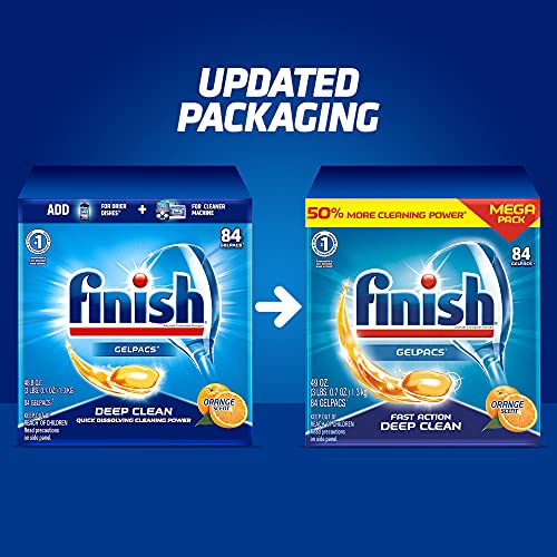 Finish Gelpacs Dishwasher Detergent Pods, Quick Dissolving Cleaning Power, Fights Grease & Dried-On Food, Easy-to-Use Pre-Measured Dishwasher Soap, Orange Scent, 84 Count - size: 84 Count (Pack of 1)