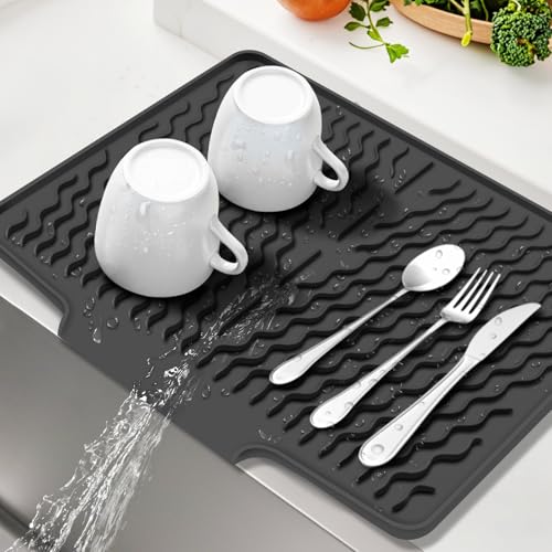 Silicone Dish Drying Mat with Drain Lip 16" x 13" Dish Drying Pad, Drain Mats for kitchen Counter ,Sink Drying Mat , Heat Resistant Stone Drying Mat - Rack