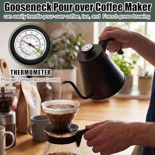 2 Pack 40 oz Gooseneck Kettle with Thermometer Stainless Steel Pour over Coffee Kettle Precision Drip Spout for Stovetop Home Kitchen Camping(Black) - color: Black