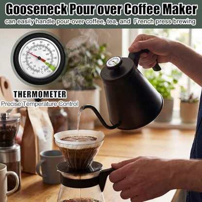 2 Pack 40 oz Gooseneck Kettle with Thermometer Stainless Steel Pour over Coffee Kettle Precision Drip Spout for Stovetop Home Kitchen Camping(Black) - color: Black