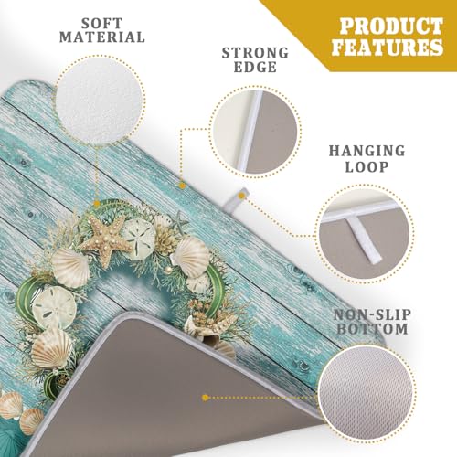 Hello Summer Dish Drying Mat for Kitchen Counter,Sea Shell Starfish Coastal Wreath Drying Mat 18 x 24 Inch with Absorbent Reversible Microfiber Drying Pad for Coffee Bar - size: 18" x 24"