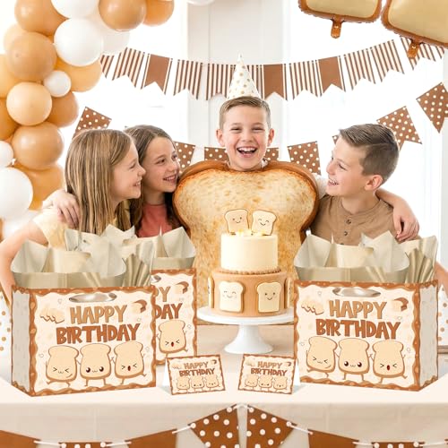 귀여운 빵 생일 선물 가방 만화 토스트 베이커리 테마 생일 포장지 선물 가방 인사말 카드 포함 어린이 성인 베이커리 Bday 베이비 샤워 파티 선물 교실 학교 졸업 장식 - color: 토스트 브레드