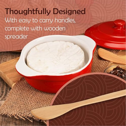 Muldale Brie Baker with Lid and Spreader - Camembert Baker Crock in Red | Free from Lead Ceramic Baking Dish - 5.5” - Fits Standard Camembert Wheel - color: Red