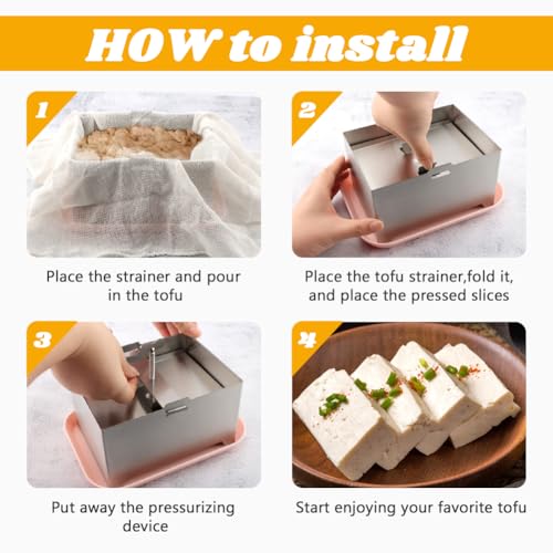 Tofu Press Stainless Steel with Tofu Presser Towel and Drip Tray for Homemade Tofu, DIY Paneer Maker Vegan Cheese Press Kitchen Tool with Adjustable Pressure