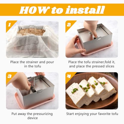 Tofu Press Stainless Steel with Tofu Presser Towel and Drip Tray for Homemade Tofu, DIY Paneer Maker Vegan Cheese Press Kitchen Tool with Adjustable Pressure