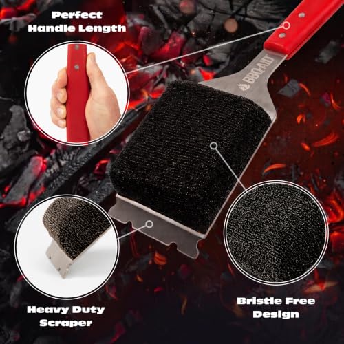 Bristle Free Grill Brush Cleaner and Scraper for Barbecue, Replaceable Head | Safe Bristle-Free Stainless Steel Scrub Pad with Heavy-Duty Scraper & Long Red Handle, Safe on Any Grill Grate - color: Red