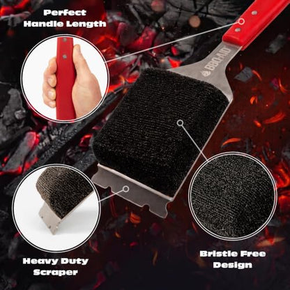 Bristle Free Grill Brush Cleaner and Scraper for Barbecue, Replaceable Head | Safe Bristle-Free Stainless Steel Scrub Pad with Heavy-Duty Scraper & Long Red Handle, Safe on Any Grill Grate - color: Red