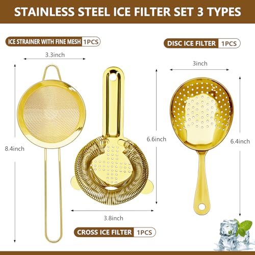 Cocktail Strainer-Stainless Steel Bar Tools Bartender Cocktail Strainer Set:Hawthorne Strainer,Julep Strainer and Conical Fine Mesh Strainer (Gold) - color: Gold