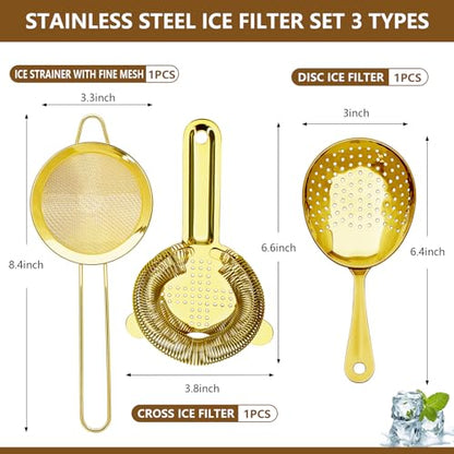 Cocktail Strainer-Stainless Steel Bar Tools Bartender Cocktail Strainer Set:Hawthorne Strainer,Julep Strainer and Conical Fine Mesh Strainer (Gold) - color: Gold