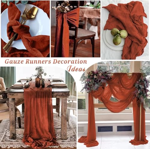 16 Pack Terracotta Cheesecloth Table Runner 35x120 Inch Boho Gauze Cheese Cloth Table Runner 10FT Long Rustic Sheer Table Runners for Wedding Bridal Shower Birthday Party Table Decor - style: Terracotta