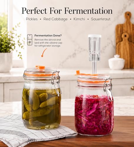 Fermentation Jar, 1.1 Liters Glass Fermenting Jar for Making Sauerkraut, Kimchi, Pickles, Mead, Cider & More, Pack of 2