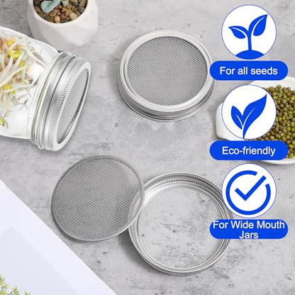 6 Pack Mason Jar Sprouting Lids, 304 Stainless Steel Mason Jar Mesh Lid, Durable Mason Jars Strainer Lid for Seed Sprouting Indoor Gardening,Fresh Greens