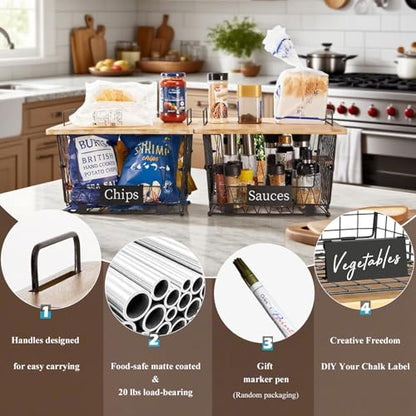 【XXL Big Size】 2 Pack Stackable Wire Storage Baskets with Bamboo Lid- Kitchen Countertop Organizer for Fruit Vegetable -Large Metal Bin for Pantry Organization and Storage, Black - size: 2 PACK