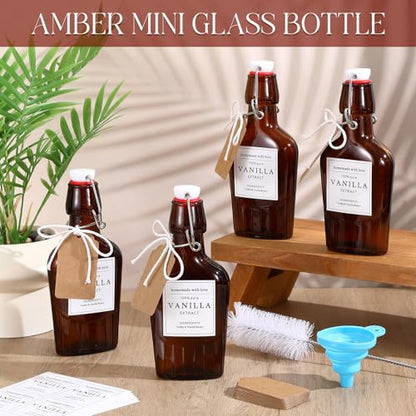12 Set Swing Top Glass Flask Homemade Vanilla Extract Bottles with Stoppers Stickers Jar Brush Funnel Rope Labels Bottle for Holiday DIY Crafts Christmas Wedding Gifts (Amber,16.6oz) - size: 16.6oz