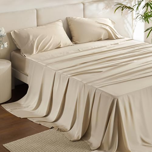 Bedsure PureWoven 100% Rayon Derived from Bamboo, Full Size Sheets, 4 PCS | Cooling Sheets for Hot Sleepers, Breathable & Silky Soft, 16" Deep Pocket, Hotel Luxury Bedding, Beige - color: 03 - Beige, size: Full