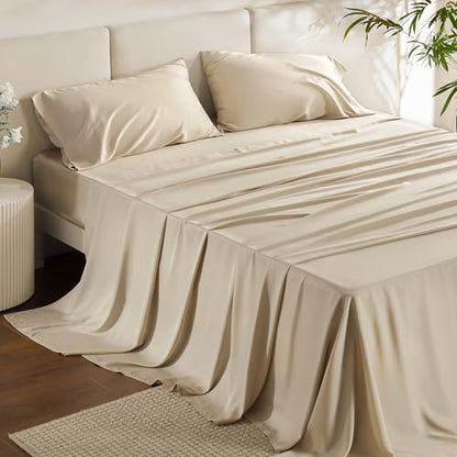Bedsure PureWoven 100% Rayon Derived from Bamboo, King Size Sheets Set | Cooling Sheets for Hot Sleepers, Breathable & Silky Soft, 16" Deep Pocket, Hotel Luxury Bedding, Beige - color: 03 - Beige, size: King