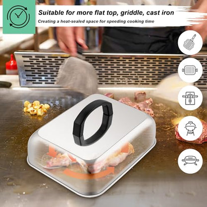 HaSteeL Cheese Melting Dome & Burger Press, Stainless Steel Basting Steaming Cover & Round Cast Iron Bacon Press, Ideal for Flat Top Griddle Grill Hibachi Stove Barbecue, Heavy Duty & Easy to Clean - style: Rectangular Lid & 7" Press
