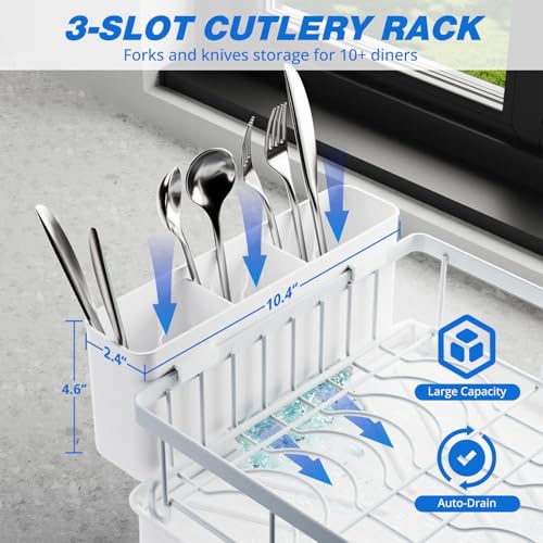 Godboat 2-Tier Dish Drying Rack - Dish Rack with Auto Drain-to-Sink & Mat | Dish Racks for Kitchen Counter, Dish Drainer with Knife Fork & Cup Rack, Gifts for Women, Mothers Day, Kitchen Gadgets, White - size: X-Large (2-Tier/White)