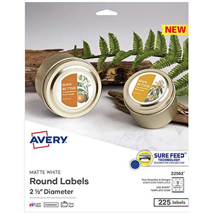 Avery Printable Blank Round Labels, 2.5" Diameter, Matte White, 225 Customizable Labels (22562) - color: Matte White, size: 2.5", style: 225 labels