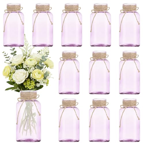 Vintage Glass Flower Vase, Farmhouse Glass Centerpiece Vases Mason Jars for Weddings, Parties & Home Decor Bulk (12, Purple) - color: Purple