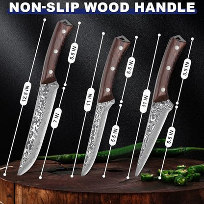 PURPLEBIRD Japanese Chef Knife Set of 3, Razor Sharp Kitchen Knife Set, Japanese Full Tang Meat Knives with Wood Handle for Trimming and Carving Poultry Chicken, Ideal Gifts for Men - color: Brown