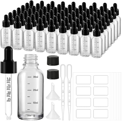 UPBUD 63 Pcs 1oz Clear Glass Dropper Bottles with Measurement, 30ml Leakproof Tincture Bottles with Funnels, Eye Droppers, Extra Caps & Labels, Refillable Empty Bottle for Tinctures, Essential Oils - color: Clear-1oz, size: 1oz