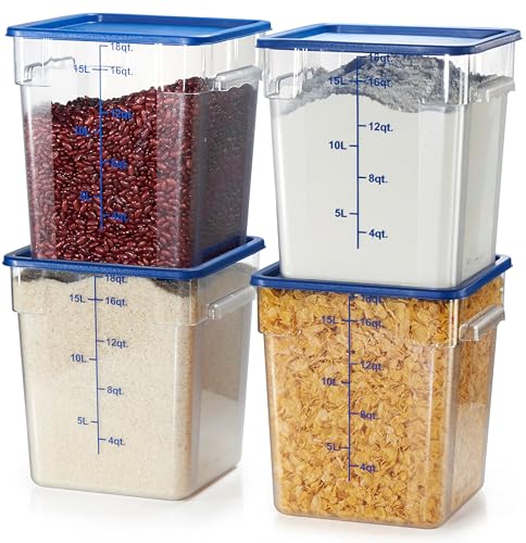 CURTA 4 Pack Food Storage Containers with Blue Lids - NSF Listed Commercial Grade in 18.0 Qt - Square, Clear, Polycarbonate - color: 18.0 Qt 4-Pack(Blue Lids)