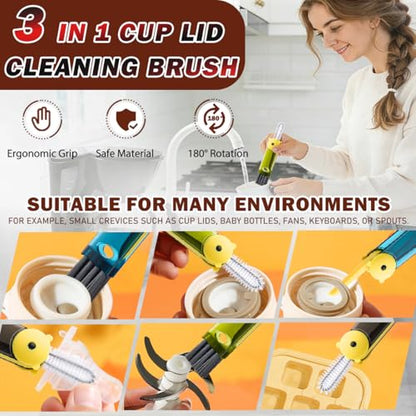 3 in 1 Cup Lid Cleaning Brush, Multifunctional Crevice Cleaning Brush for Water Bottle Insulated Cup Pacifier Tumbler Lid Groove Narrow Space Detail Cleaner Home Kitchen Gadgets(3 PCS) - color: Green, Blue, Black(bear)